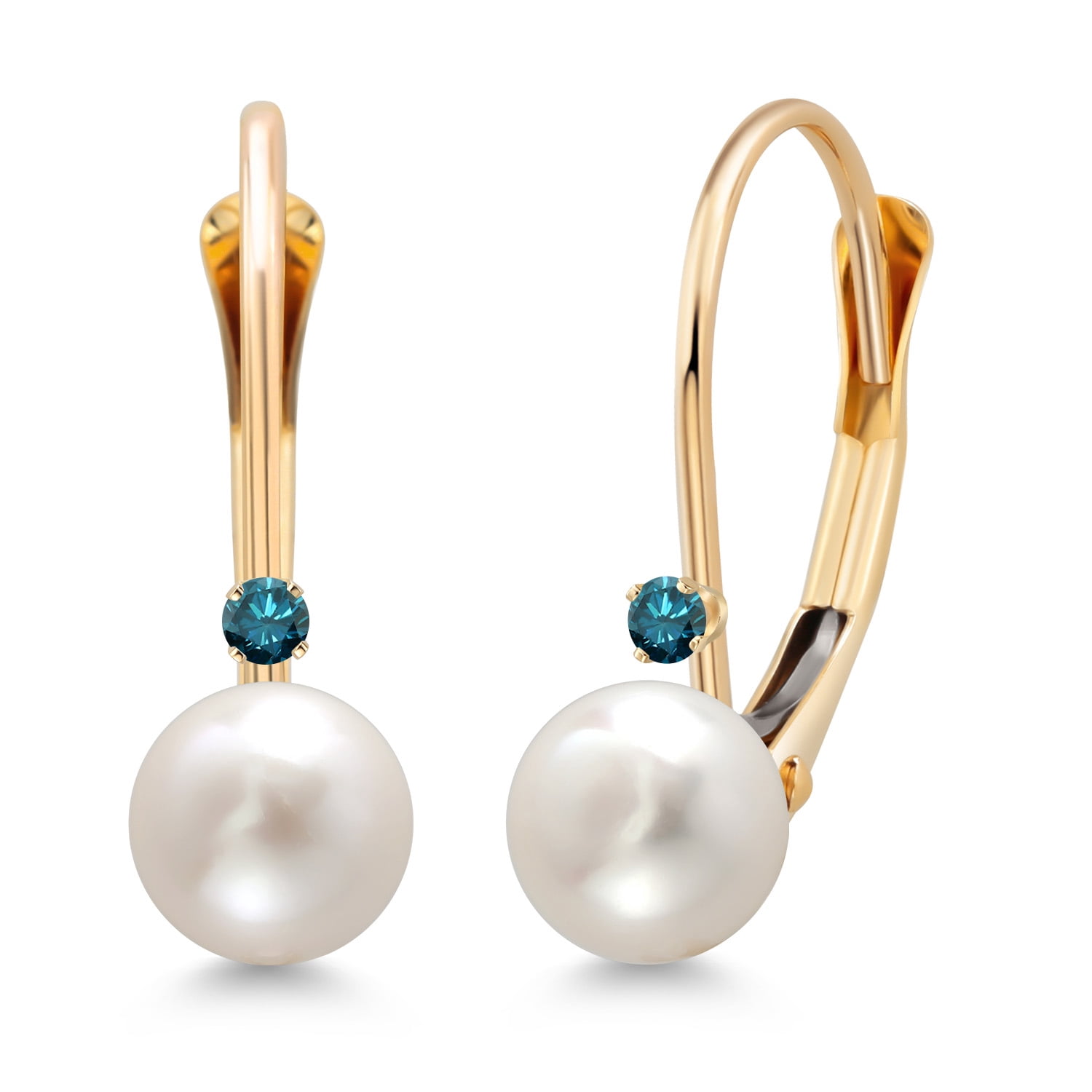 Gem Stone King 14K Yellow Gold Round White Cultured Freshwater Pearl and Round Blue Diamond Leverback Drop Dangle Earrings for Women (Pearl: 5.5MM, Diamond: 1.5MM)