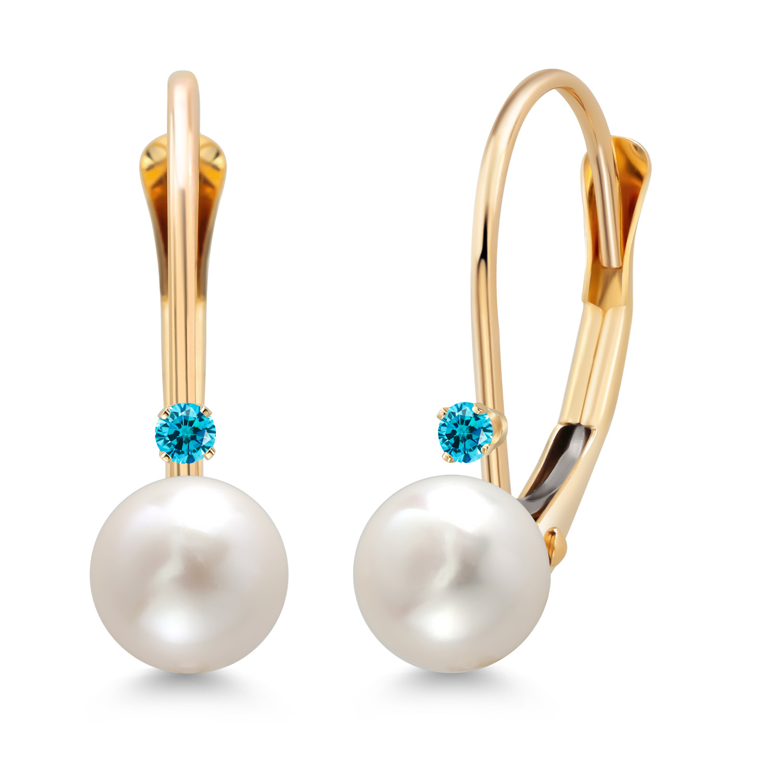 Gem Stone King 14K Yellow Gold Round White Cultured Freshwater Pearl and Round Blue Zirconia Leverback Drop Dangle Earrings for Women (Pearl: 5.5MM, Zirconia: 1.5MM)