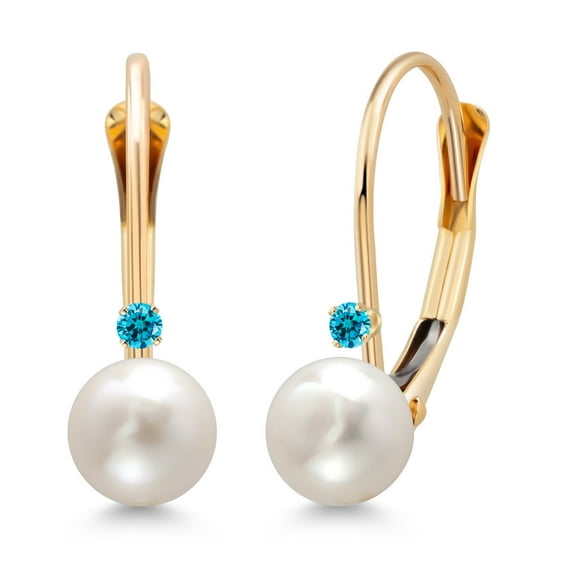 Gem Stone King 14K Yellow Gold Round White Cultured Freshwater Pearl and Round Blue Zirconia Leverback Drop Dangle Earrings for Women (Pearl: 5.5MM, Zirconia: 1.5MM)