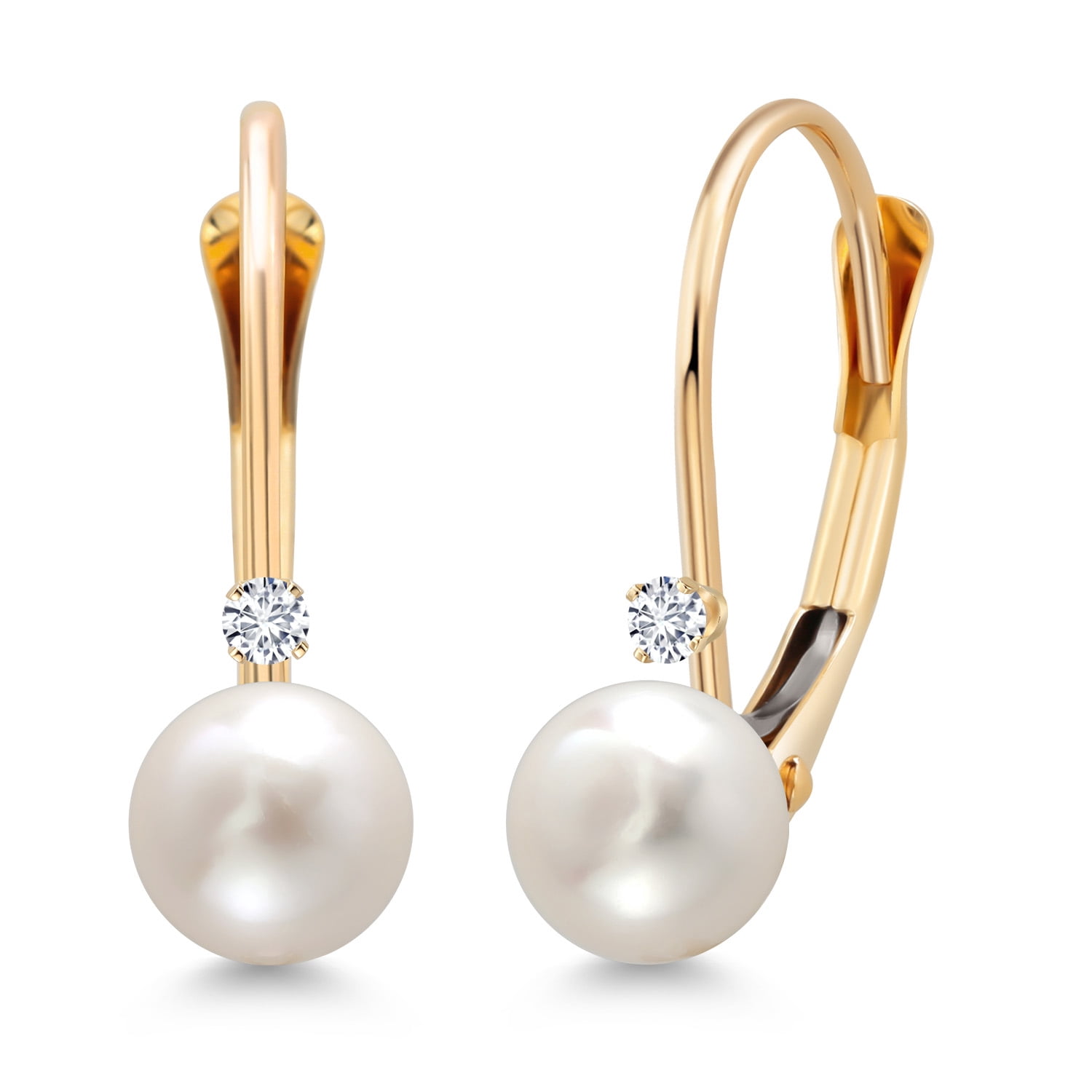 Gem Stone King 14K Yellow Gold Round White Cultured Freshwater Pearl and Round White Lab Grown Diamond Leverback Drop Dangle Earrings for Women (Pearl: 5.5MM, Lab Grown Diamond: 1.5MM)