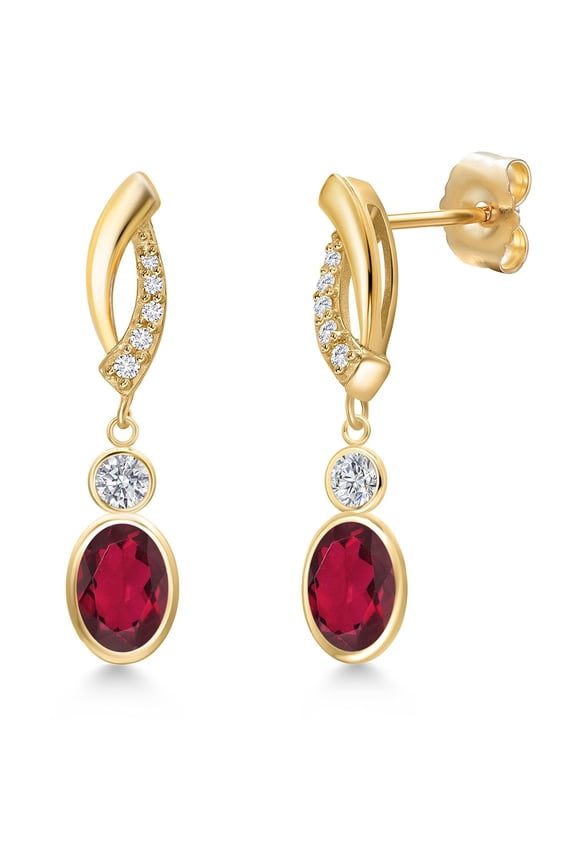 14K Yellow Gold Ruby Red Mystic Topaz and Lab Grown Diamond Dangle Earrings for Women | 1.92 Cttw | Gemstone November Birthstone | Oval 7X5MM