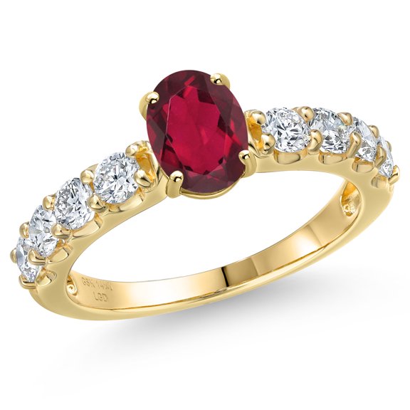 Gem Stone King 14K Yellow Gold Ruby Red Mystic Topaz and Lab Grown Diamond Engagement Ring for Women | 1.68 Cttw | Oval 7X5MM | Gemstone November Birthstone | Size 6