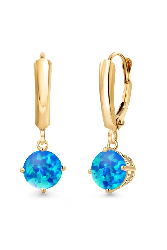 14K Yellow Gold Simulated Blue Opal Dangle Earrings for Women | 0.60 Cttw | Gemstone October Birthstone | Round Cabochon 6MM