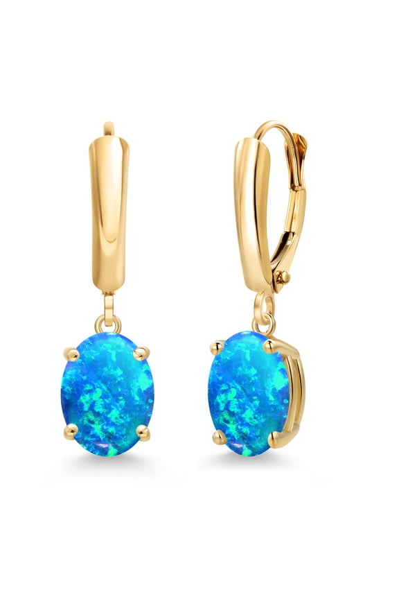 14K Yellow Gold Simulated Blue Opal Dangle Earrings for Women | 1.12 Cttw | Gemstone October Birthstone | Oval Cabochon 9X7MM