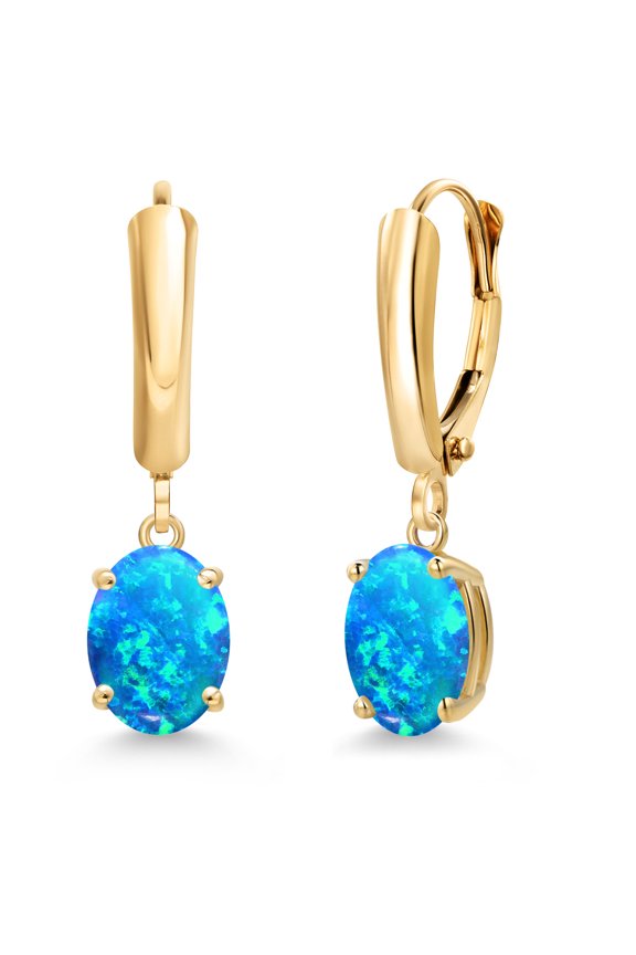 14K Yellow Gold Simulated Blue Opal Dangle Earrings for Women | 2.12 Cttw | Gemstone October Birthstone | Oval Cabochon 8X6MM