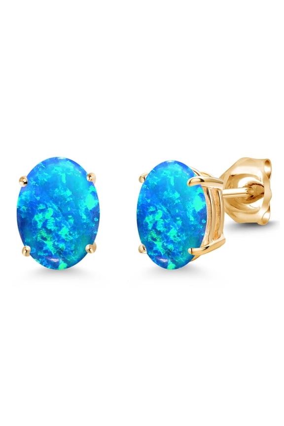 14K Yellow Gold Simulated Blue Opal Double Notch Stud Earrings | 2.12 Cttw | Gemstone October Birthstone | Oval Cabochon 8X6MM | Gold Earrings for Women Men