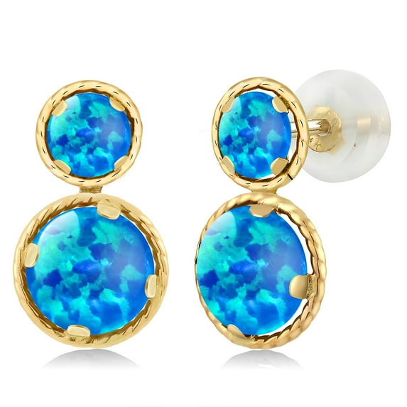 Gem Stone King 14K Yellow Gold Simulated Blue Opal Earrings for Women (1.10 Cttw, Gemstone October Birthstone, Round Cabochon 6X6MM, Round Cabochon 4X4MM)