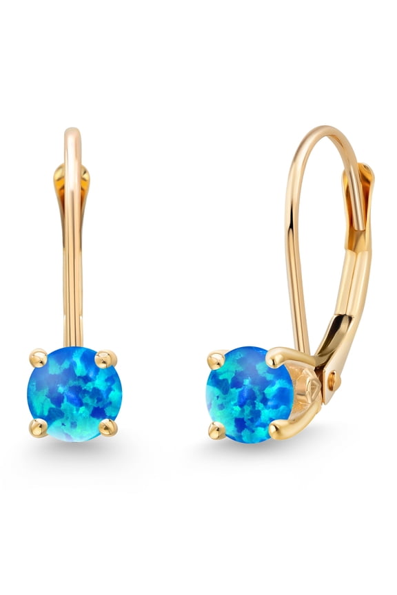 14K Yellow Gold Simulated Blue Opal Earrings for Women | 0.50 Cttw | Gemstone October Birthstone | Round Cabochon 4MM