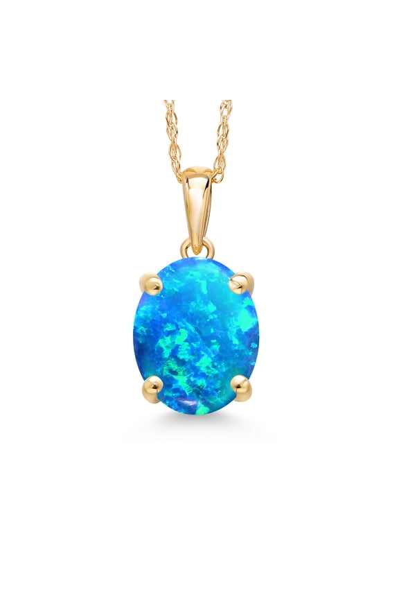 14K Yellow Gold Simulated Blue Opal Pendant Necklace | 0.85 Cttw | Gemstone October Birthstone | Oval Cabochon 10X8MM | Gold Necklace for Women | With 18 inch Gold Chain