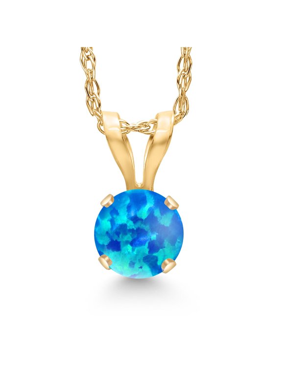 14K Yellow Gold Simulated Blue Opal Pendant Necklace for Women | 0.25 Cttw | Gemstone October Birthstone | Round Cabochon 4MM | With 18 inch Chain