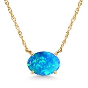 GEM STONE KING 14K Yellow Gold Simulated Blue Opal Pendant Necklace for Women | 0.56 Cttw | Gemstone October Birthstone | Oval Cabochon 9X7MM | With 18 inch Chain