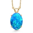 thumbnail image 1 of Gem Stone King 14K Yellow Gold Simulated Blue Opal Pendant Necklace for Women | 0.85 Cttw | Gemstone October Birthstone | Oval Cabochon 10X8MM | With 18 inch Chain, 1 of 6
