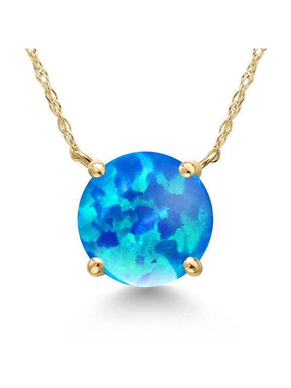 14K Yellow Gold Simulated Blue Opal Pendant Necklace for Women | 0.94 Cttw | Gemstone October Birthstone | Round Cabochon 10MM | With 18 inch Chain