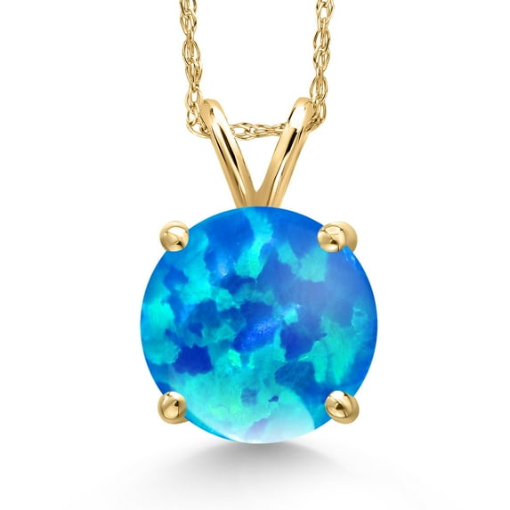 Gem Stone King 14K Yellow Gold Simulated Blue Opal Pendant Necklace for Women | 0.94 Cttw | Gemstone October Birthstone | Round Cabochon 10MM | With 18 inch Chain