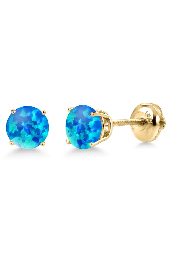 14K Yellow Gold Simulated Blue Opal Stud Earrings for Women | 1.72 Cttw | Gemstone October Birthstone | Round Cabochon 7MM
