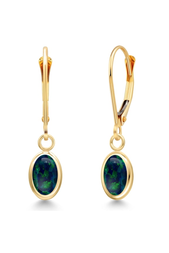 14K Yellow Gold Simulated Green Opal Dangle Earrings for Women | 1.26 Cttw | Gemstone October Birthstone | Oval Cabochon 7X5MM
