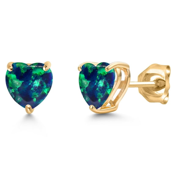 Gem Stone King 14K Yellow Gold Simulated Green Opal Stud Earrings for Women Men | 1.50 Cttw | Gemstone October Birthstone | Heart Shape 6MM