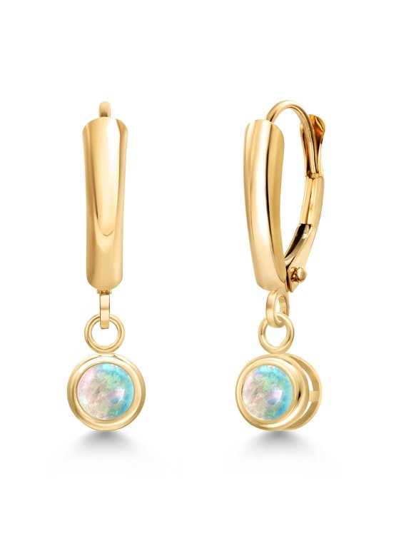 14K Yellow Gold Simulated White Opal Dangle Earrings for Women | 0.50 Cttw | Gemstone October Birthstone | Round Cabochon 4MM