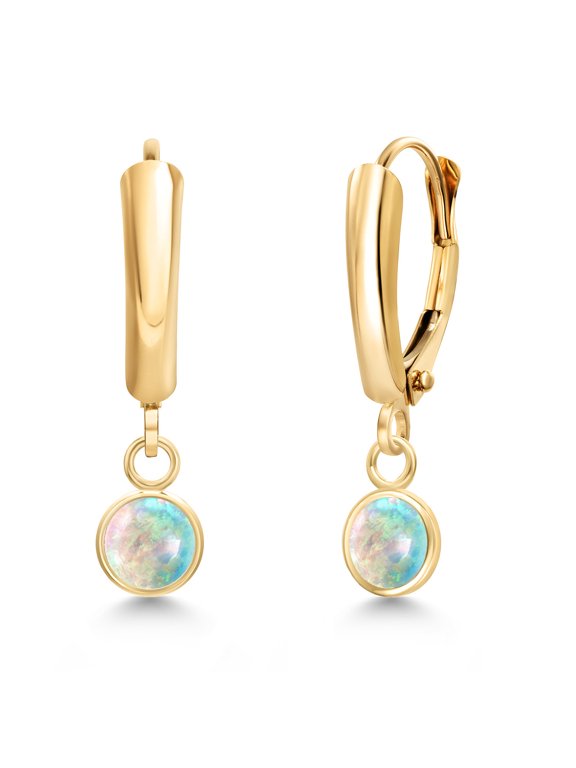 14K Yellow Gold Simulated White Opal Dangle Earrings for Women | 0.54 Cttw | Gemstone October Birthstone | Round Cabochon 5MM