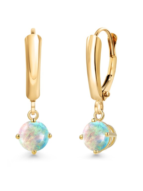 14K Yellow Gold Simulated White Opal Dangle Earrings for Women | 0.54 Cttw | Gemstone October Birthstone | Round Cabochon 5MM