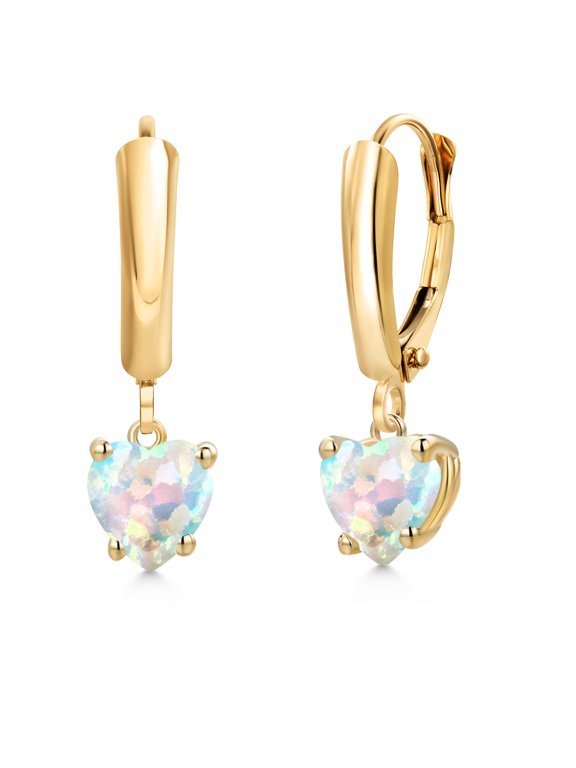 14K Yellow Gold Simulated White Opal Dangle Earrings for Women | 1.50 Cttw | Gemstone October Birthstone | Heart Shape 6MM