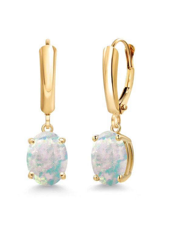 14K Yellow Gold Simulated White Opal Dangle Earrings for Women | 2.00 Cttw | Gemstone October Birthstone | Oval Cabochon 9X7MM