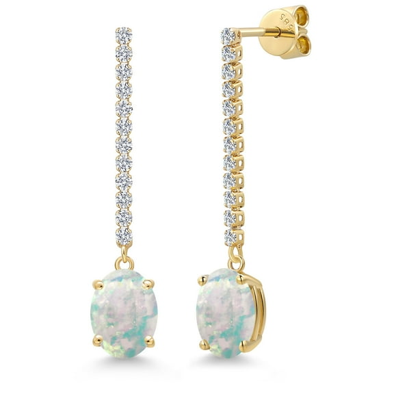 Gem Stone King 14K Yellow Gold Simulated White Opal and Lab Grown Diamond Dangle Earrings for Women | 2.36 Cttw | Gemstone October Birthstone | Oval Cabochon 9X7MM