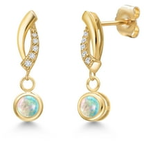 Gem Stone King 14K Yellow Gold Simulated White Opal and Lab Grown Diamond Earrings for Women | 0.55 Cttw | Gemstone October Birthstone | Round Cabochon 4MM