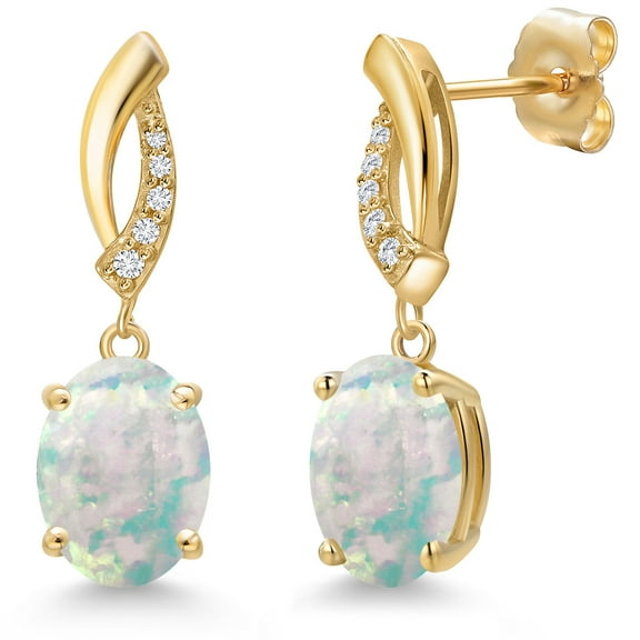 Gem Stone King 14K Yellow Gold Simulated White Opal and Lab Grown Diamond Earrings for Women | 2.05 Cttw | Gemstone October Birthstone | Oval Cabochon 9X7MM