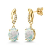 Gem Stone King 14K Yellow Gold Simulated White Opal and Lab Grown Diamond Earrings for Women | 2.05 Cttw | Gemstone October Birthstone | Oval Cabochon 9X7MM