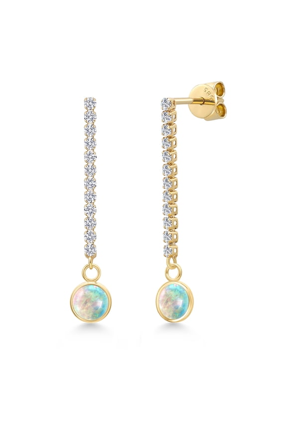 14K Yellow Gold Simulated White Opal and Lab Grown Diamond Earrings for Women | 0.96 Cttw | Gemstone October Birthstone | Round Cabochon 6MM