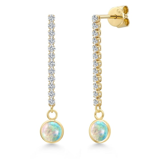 Gem Stone King 14K Yellow Gold Simulated White Opal and Lab Grown Diamond Earrings for Women | 0.96 Cttw | Gemstone October Birthstone | Round Cabochon 6MM