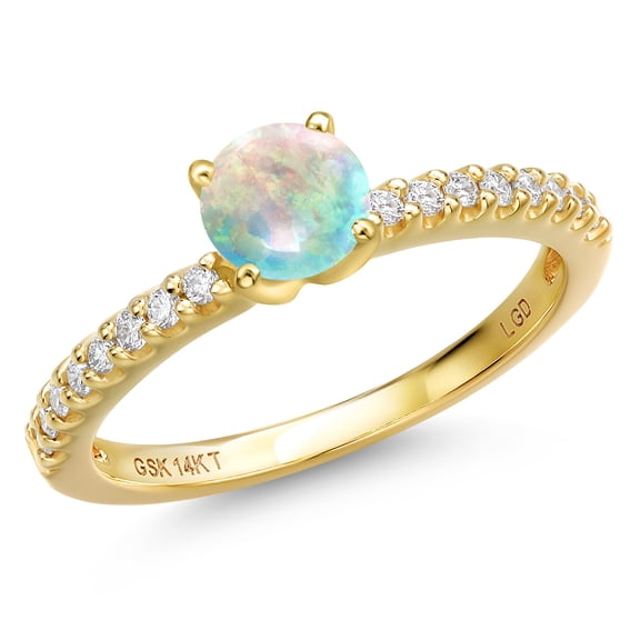 Gem Stone King 14K Yellow Gold Simulated White Opal and Lab Grown Diamond Engagement Ring for Women | 0.66 Cttw | Round Cabochon 5MM | Gemstone October Birthstone | Size 6