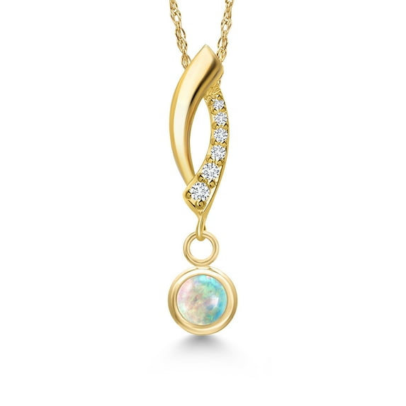 Gem Stone King 14K Yellow Gold Simulated White Opal and Lab Grown Diamond Pendant Necklace for Women | 0.28 Cttw | Gemstone October Birthstone | Round Cabochon 4MM | With 18 inch Chain