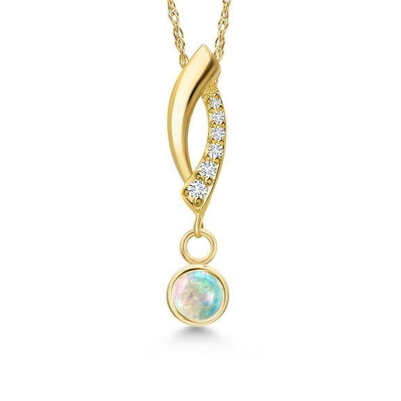 Gem Stone King 14K Yellow Gold Simulated White Opal and Lab Grown Diamond Pendant Necklace for Women | 0.28 Cttw | Gemstone October Birthstone | Round Cabochon 4MM | With 18 inch Chain