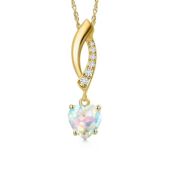Gem Stone King 14K Yellow Gold Simulated White Opal and Lab Grown Diamond Pendant Necklace for Women | 0.78 Cttw | Gemstone October Birthstone | Heart Shape 6MM | With 18 inch Chain