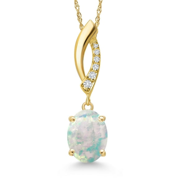 Gem Stone King 14K Yellow Gold Simulated White Opal and Lab Grown Diamond Pendant Necklace for Women | 1.03 Cttw | Gemstone October Birthstone | Oval Cabochon 9X7MM | With 18 inch Chain