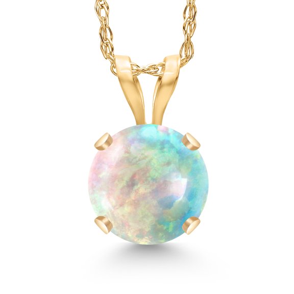 Gem Stone King 14K Yellow Gold Simulated White Opal Pendant Necklace for Women | 0.30 Cttw | Gemstone October Birthstone | Round Cabochon 6MM | With 18 inch Chain