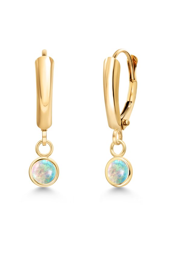 14K Yellow Gold Simulated White Opal Dangle Earrings for Women | 0.50 Cttw | Gemstone October Birthstone | Round Cabochon 4MM