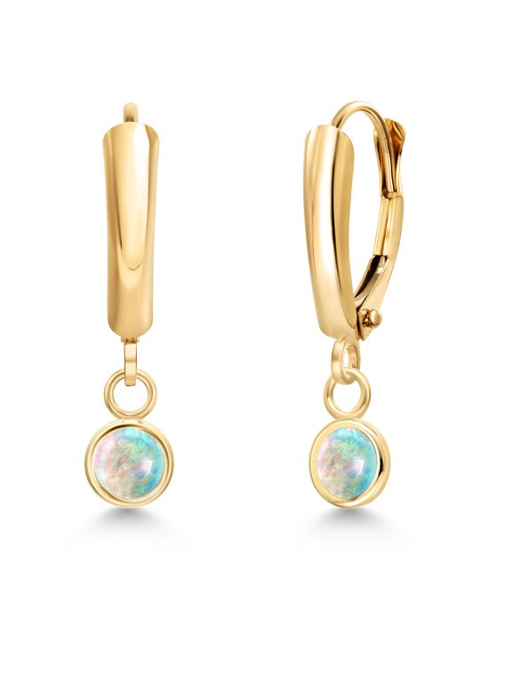 14K Yellow Gold Simulated White Opal Dangle Earrings for Women | 0.50 Cttw | Gemstone October Birthstone | Round Cabochon 4MM