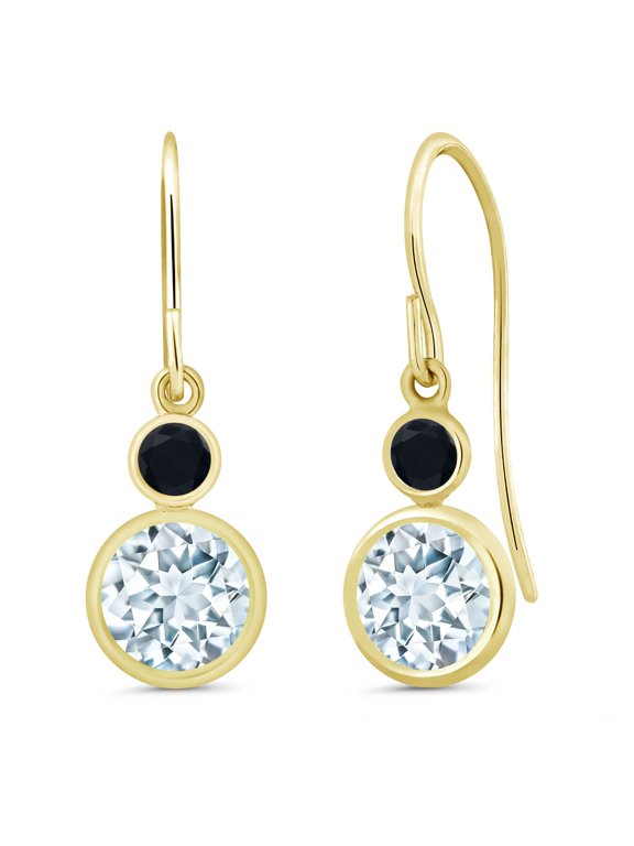 14K Yellow Gold Sky Blue Aquamarine and Black Onyx Drop Dangle Earrings for Women (1.70 Cttw, Gemstone March Birthstone, Round 6MM and 3MM)