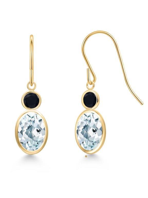 14K Yellow Gold Sky Blue Aquamarine and Black Onyx Hook French Fish Ear Wire Dangle Earrings for Women (1.70 Cttw, Gemstone March Birthstone, Oval 7X5MM, Round 3MM)