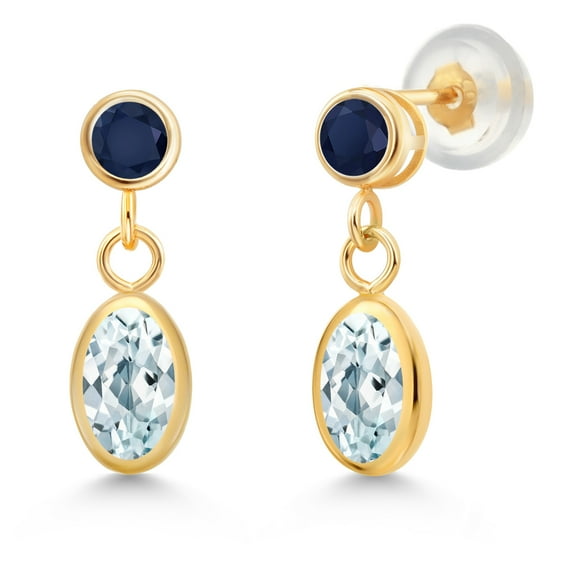 Gem Stone King 14K Yellow Gold Sky Blue Aquamarine and Blue Sapphire Drop Dangle Earrings for Women (1.30 Cttw, Gemstone Birthstone, Oval 6X4MM, Round 3MM)