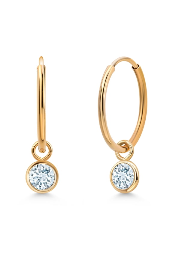 14K Yellow Gold Sky Blue Aquamarine Dangle Drop Endless Hoop Huggie Small Earrings for Women (0.50 Cttw, 20MM Length, Gemstone March Birthstone, Round 4MM)