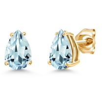 Gem Stone King 14K Yellow Gold Sky Blue Aquamarine Double Notch Stud Earrings | 1.80 Cttw | Gemstone March Birthstone | Pear Shape 8X6MM | Gold Earrings for Women Men