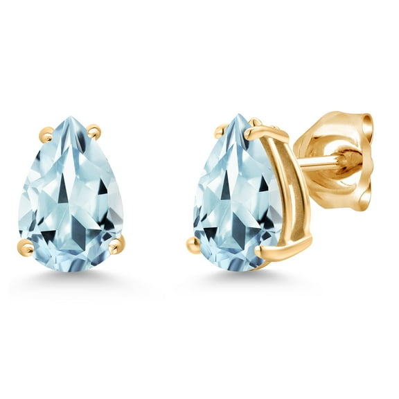 Gem Stone King 14K Yellow Gold Sky Blue Aquamarine Double Notch Stud Earrings | 1.80 Cttw | Gemstone March Birthstone | Pear Shape 8X6MM | Gold Earrings for Women Men