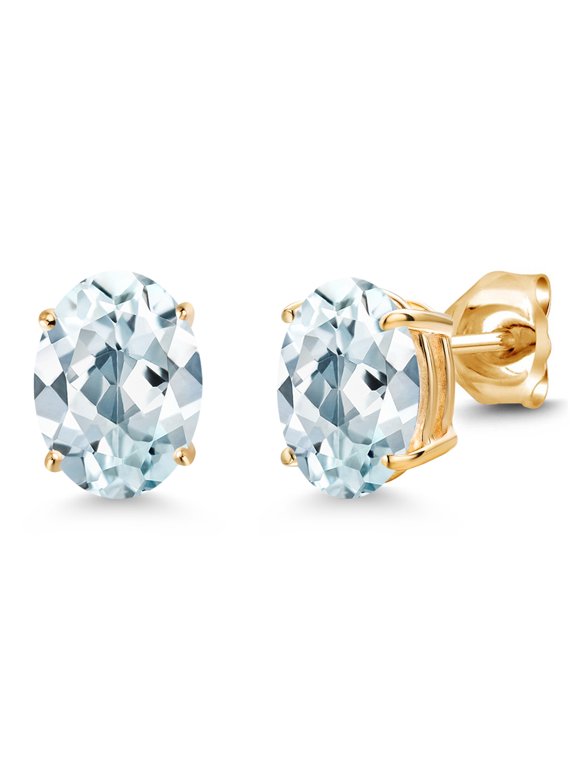 14K Yellow Gold Sky Blue Aquamarine Double Notch Stud Earrings | 2.40 Cttw | Gemstone March Birthstone | Oval 8X6MM | Gold Earrings for Women Men