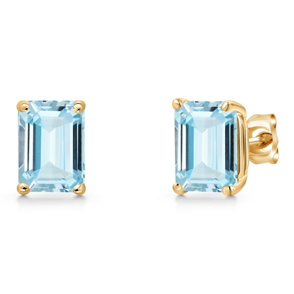 Gem Stone King 14K Yellow Gold Sky Blue Aquamarine Double Notch Stud Earrings| 2.80 Cttw | Gemstone March Birthstone | Octagon 8X6MM | Basket Setting | Gold Earrings for Women Men