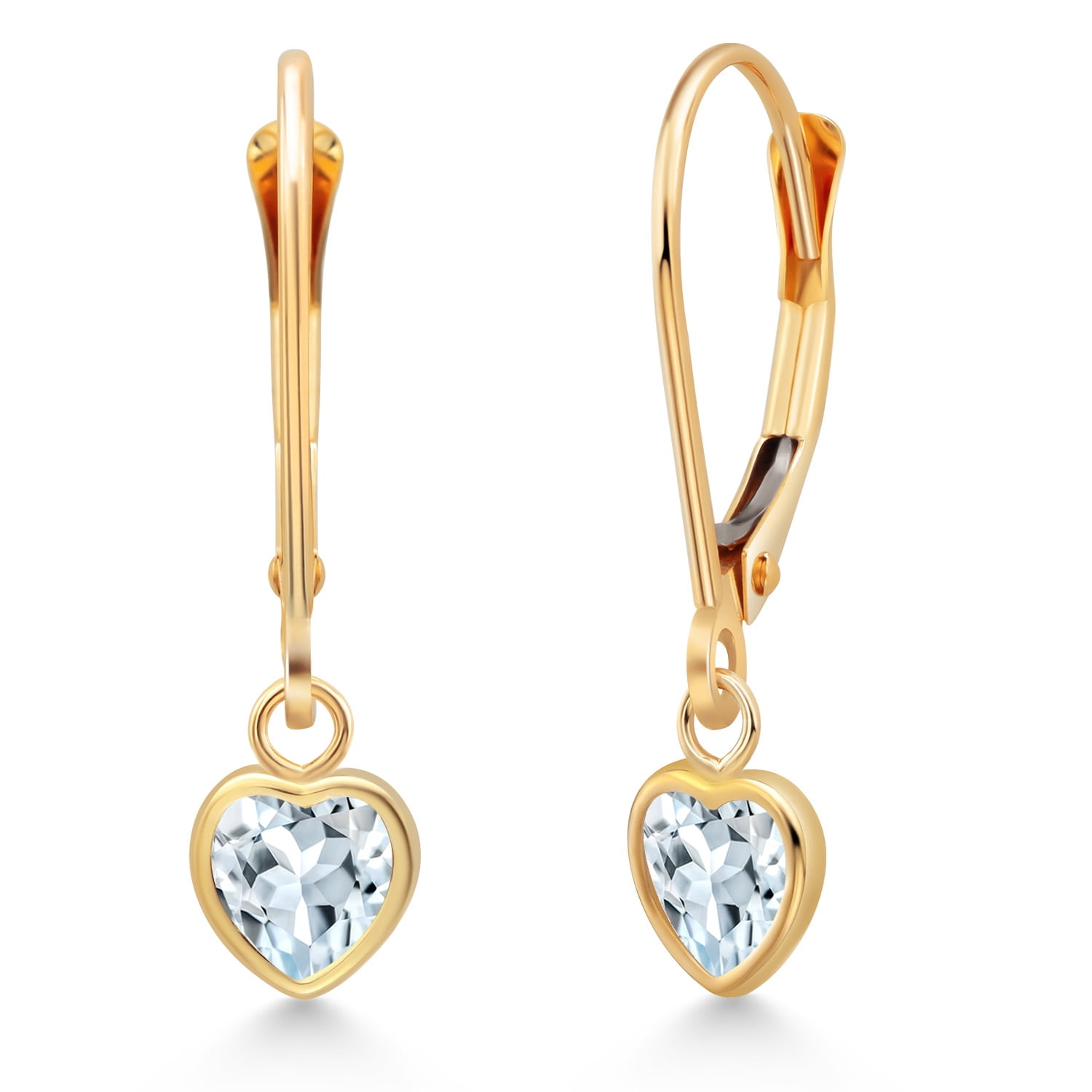 Gem Stone King 14K Yellow Gold Sky Blue Aquamarine Drop Dangle Leverback Earrings for Women (0.83 Cttw, Gemstone March Birthstone, Heart Shape 5MM)