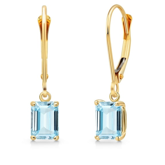 Gem Stone King 14K Yellow Gold Sky Blue Aquamarine Earrings for Women | 1.00 Cttw | Gemstone March Birthstone | Emerald Cut 6X4MM